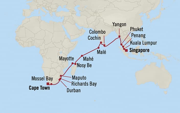 Oceania Cruises | 33-Nights from Cape Town to Singapore Cruise Iinerary Map
