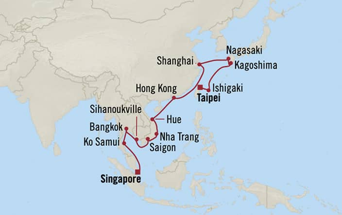 Oceania Cruises | 22-Nights from Singapore to Taipei Cruise Iinerary Map