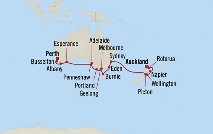 Oceania Cruises | 24-Nights from Perth to Auckland Cruise Iinerary Map