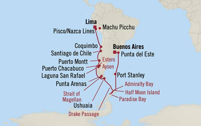 Oceania Cruises | 24-Nights from Lima/machu Picchu (callao) to Buenos Aires Cruise Iinerary Map