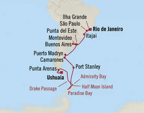 Oceania Cruises | 21-Nights from Rio de Janeiro to Ushuaia Cruise Iinerary Map