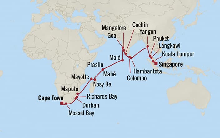 Oceania Cruises | 61-Nights from Singapore to Barcelona Cruise Iinerary Map