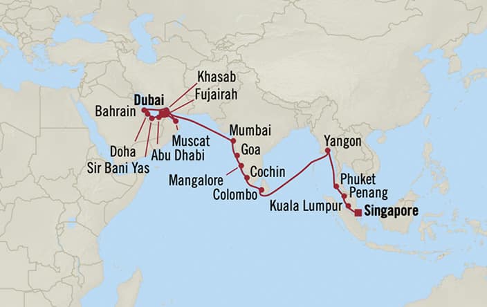 Oceania Cruises | 31-Nights from Dubai to Singapore Cruise Iinerary Map