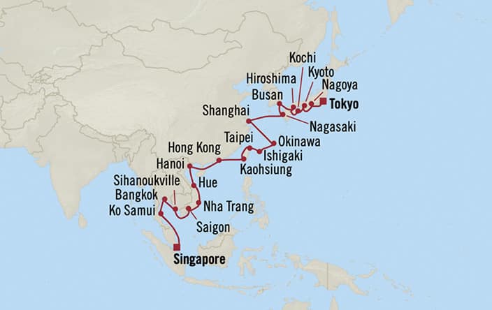 Oceania Cruises | 33-Nights from Singapore to Tokyo Cruise Iinerary Map