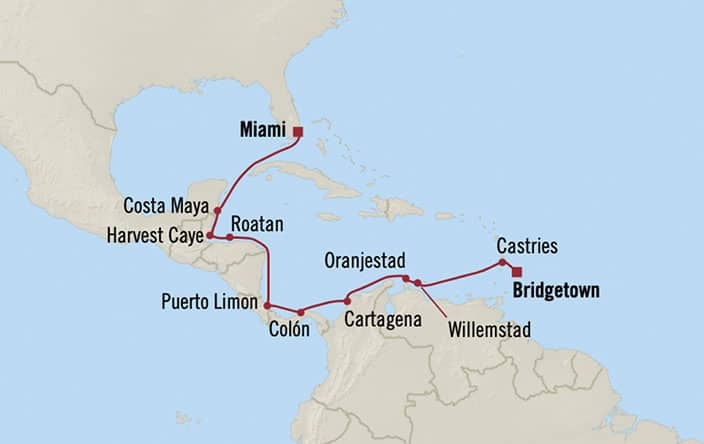Oceania Cruises | 14-Nights from Miami to Bridgetown Cruise Iinerary Map