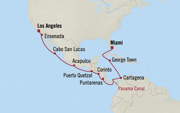 Oceania Cruises | 16-Nights from Miami to Los Angeles Cruise Iinerary Map