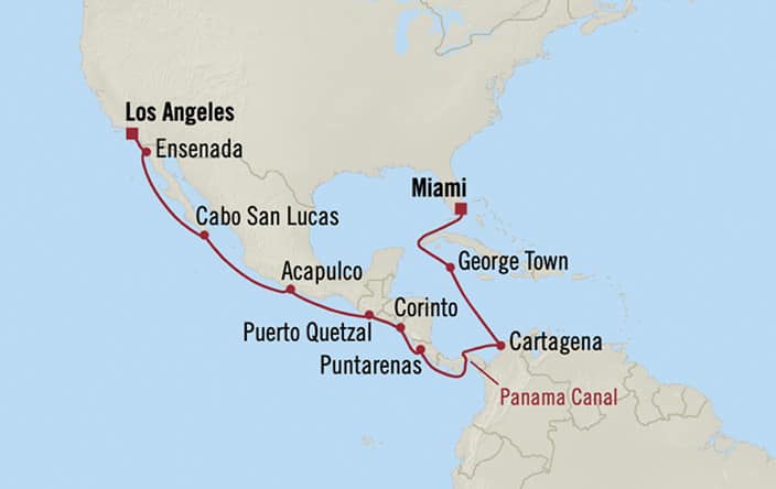 Oceania Cruises | 16-Nights from Los Angeles to Miami Cruise Iinerary Map