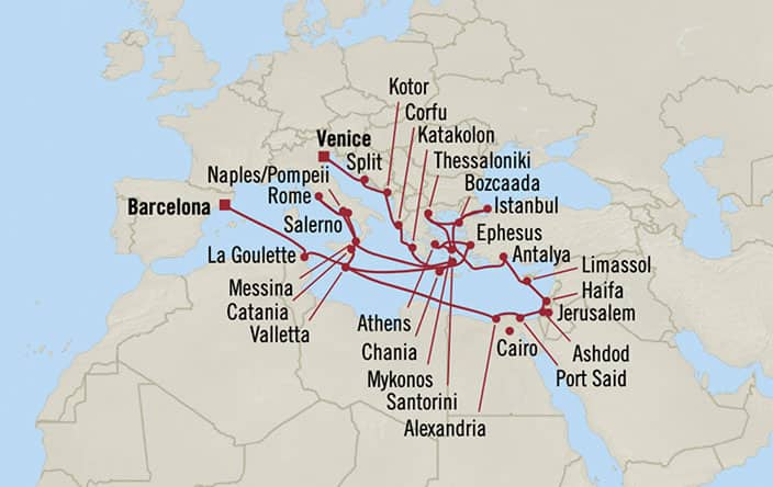 Oceania Cruises | 33-Nights from Trieste to Barcelona Cruise Iinerary Map