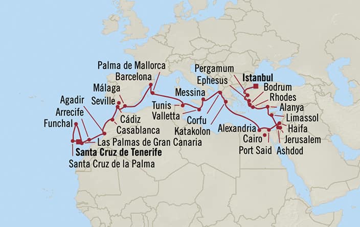 Oceania Cruises | 32-Nights from Istanbul to Santa Cruz De Tenerife Cruise Iinerary Map