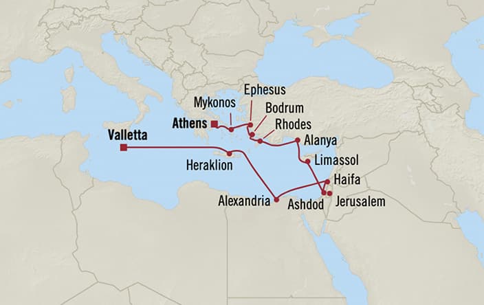 Oceania Cruises | 14-Nights from Athens to Valletta Cruise Iinerary Map